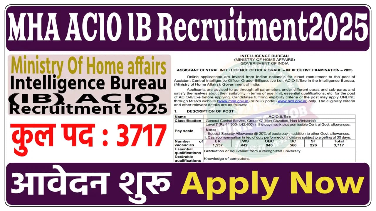 MHA ACIO Grade-2 IB Recruitment 2025 | 3717 Vacancy | Apply Online Now